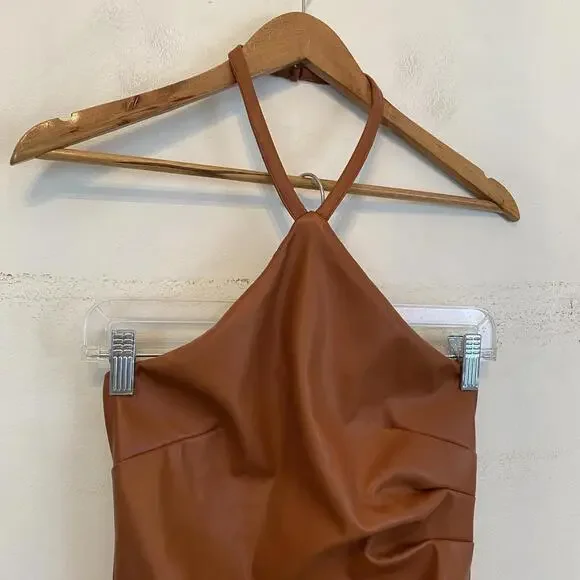 NOOKIE brown leather halter gathered waist mini dress sz M Women